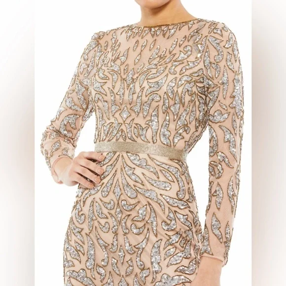 Embellished illusion sheath midi dress